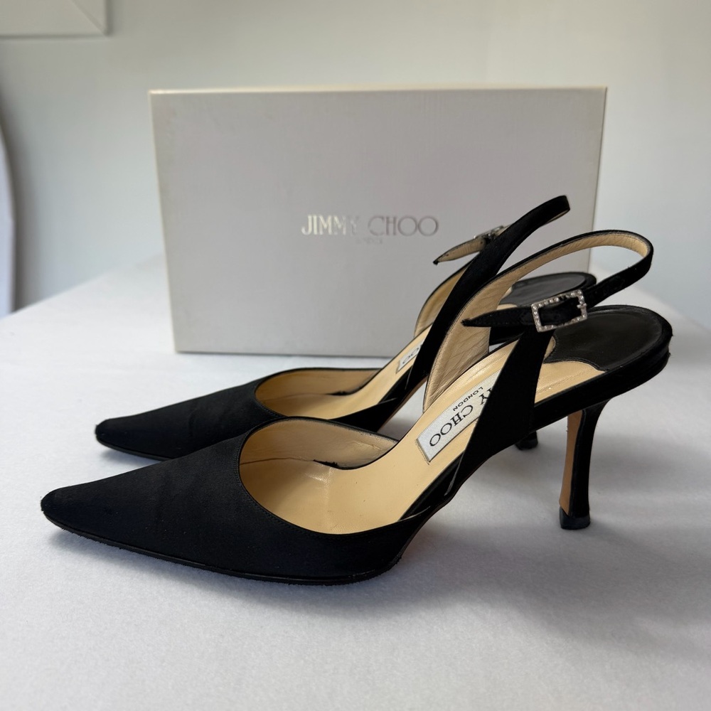 Jimmy Choo Syria Slingback Heels Black Satin Pointed Toe 37 85mm Classic - Picture 5 of 14
